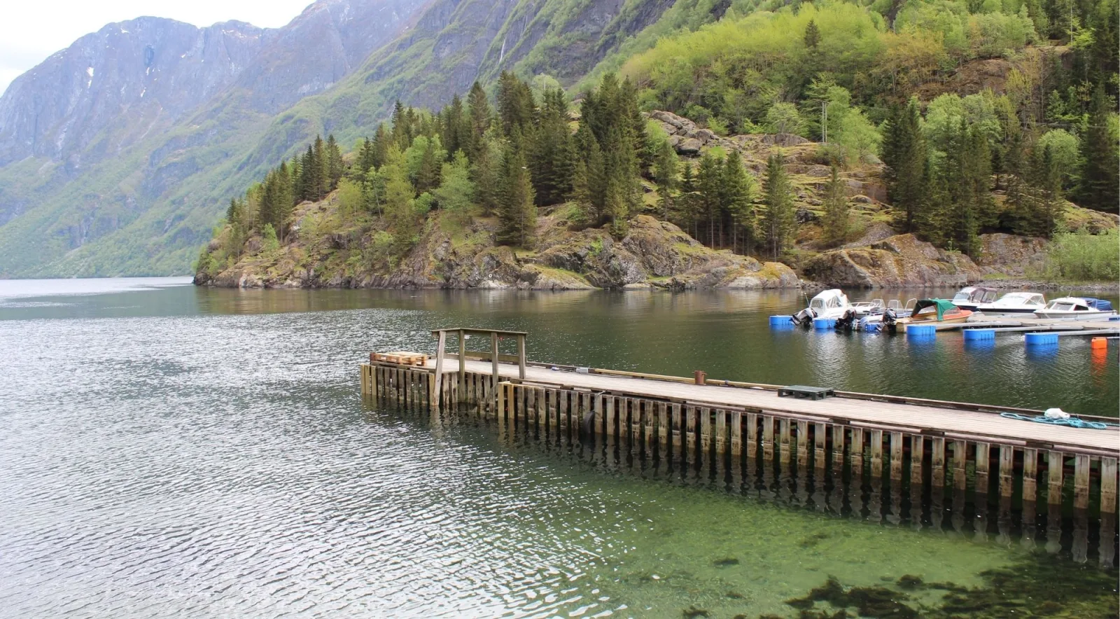 A wooden dock on a fjord with small boats moored beside forested hills